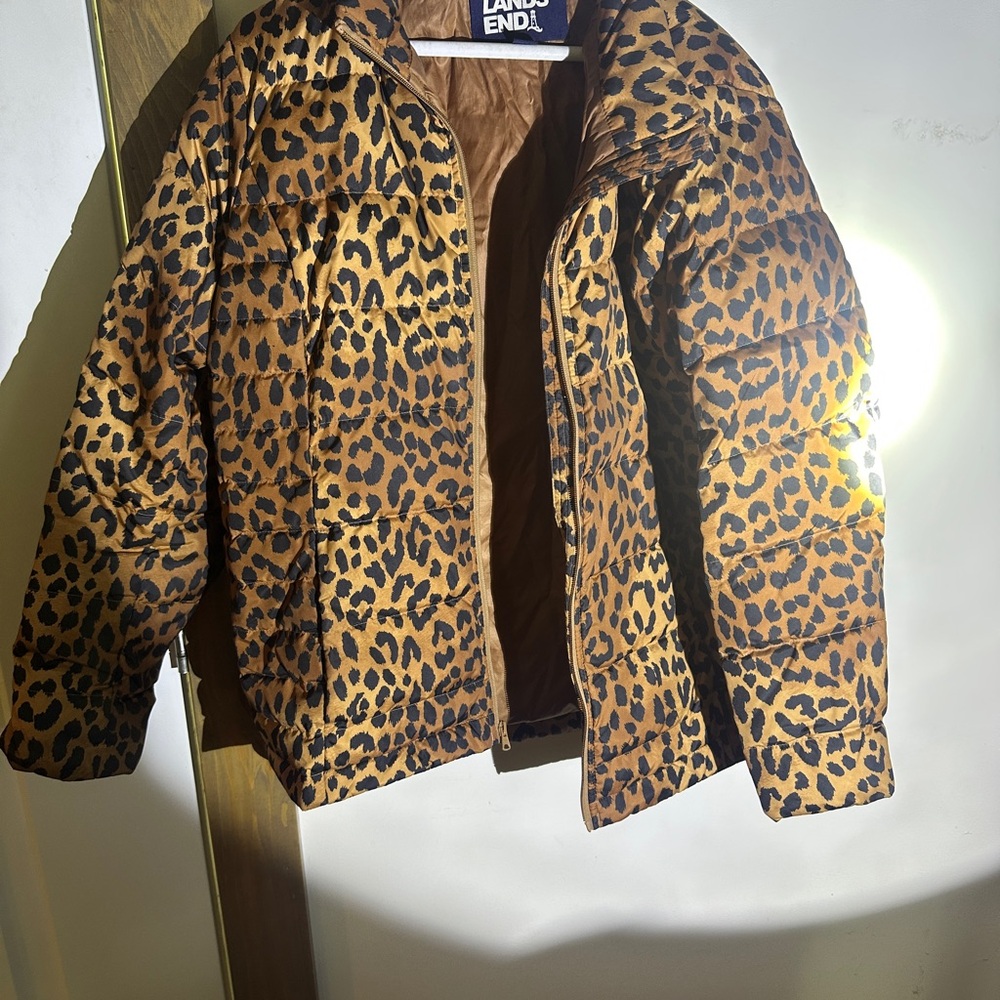 Lands' End Brown and Black Puffer Jacket with Leopard Print